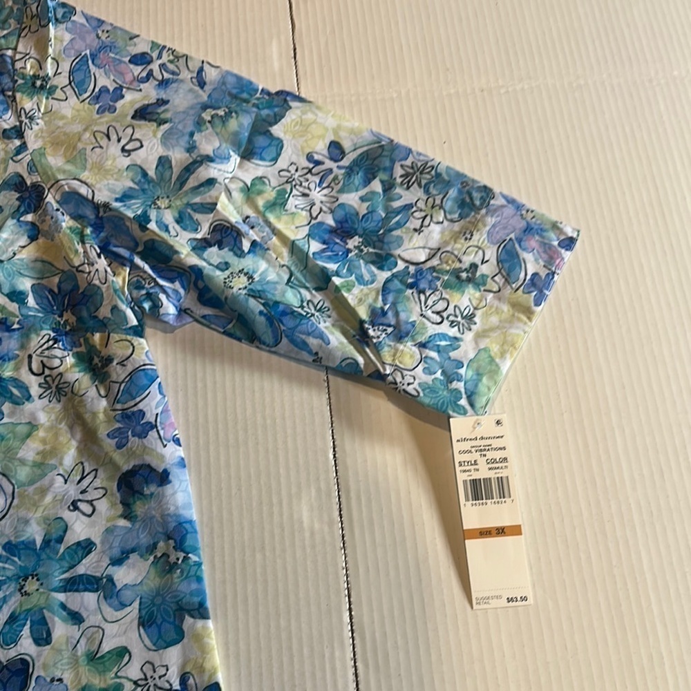 NWT Alfred Dunner Floral elbow fit Button-Up Shirt multi blues side slits collar - Picture 2 of 13